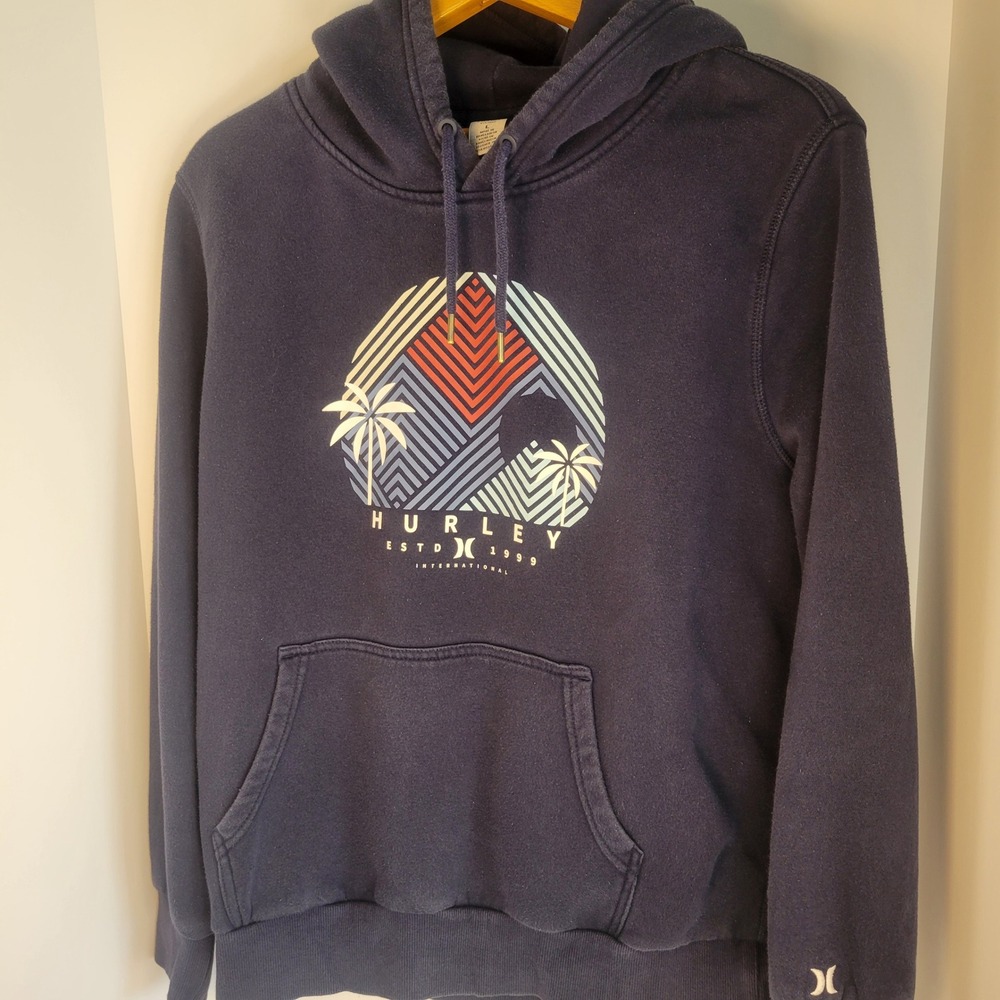 Hurley Mens Navy Blue Palm Tree Geometric Graphic Pullover Hoodie Large